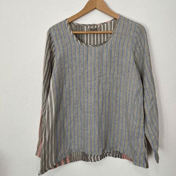 Flax Linen Long Sleeve Multicolored Striped Popover Shirt Women's Size P / XS - Picture 1 of 5